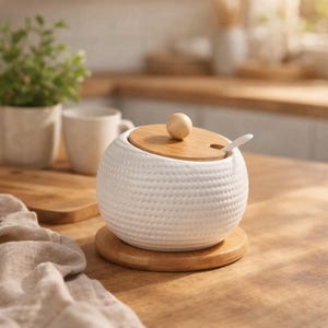 White Ceramic Spice Jar Set with Wooden Lid & Spoon | Kitchen Salt Sugar Canister
