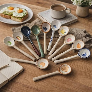 Könnte beinhalten: Eine Sammlung von Keramik-Löffeln mit verschiedenen bunten Designs, darunter ein Frosch, ein Regenbogen und ein Fisch. Die Löffel haben hellfarbene Griffe und sind auf einer Holzoberfläche angeordnet. Die Löffel sind wahrscheinlich zum Servieren oder Essen.