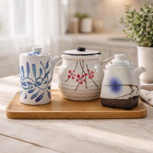 Zestaw ceramicznych garnków do oleju, solniczek, pieprzniczek, słoika na przyprawy i butelki na sos sojowy