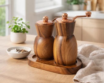 Acacia Wood Salt and Pepper Grinder Set Hand Crank Manual Mill with Base