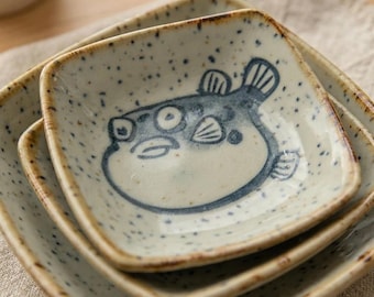 Vintage Japanese Ceramic Square Sauce Dish, Handmade Cartoon Fish Seasoning Plate