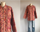 Vintage 70s Ramona Rull Quilted Jacket 1970s India Block Print Cotton Floral Print Jacket Mirror Embroidery