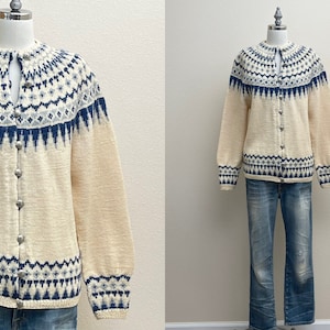 Vintage 70s William Schmidt Nordic Wool Fair Isle Cardigan, 1970s Norwegian Hand Knit Sweater, Blue Cream Ski Sweater Made in Norway