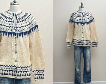 Vintage 70s William Schmidt Nordic Wool Fair Isle Cardigan, 1970s Norwegian Hand Knit Sweater, Blue Cream Ski Sweater Made in Norway