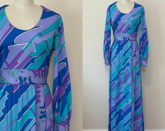 Vintage 70s Maxi Dress, 1970s Bright Mod Psychedelic Print Dress, Lounge Dress, Spring Fashion