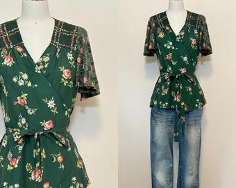 Blusa cruzada vintage de los años 40, blusa peplum de patchwork de rayón frío de los años 40, top con estampado floral,