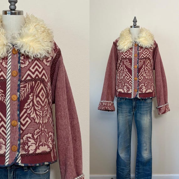 Vintage Blanket Jacket,  Wool Cotton Camp Blanket Jacket with Mongolian Fur Collar