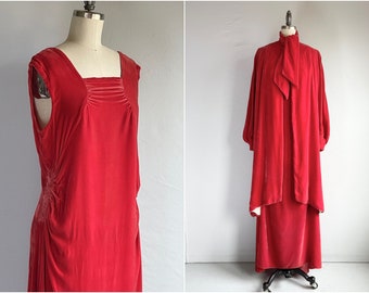Vintage 30s Silk Velvet Maxi Dress and Coat, 1930s Coral Velvet Evening Dress Coat, Two Piece Set Gatsby