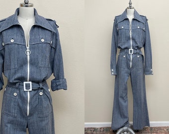 Vintage 70s Lew Magram Jumpsuit, 1970s Exposed Ring Zipper Denim Mini Stripe Epaulet Boiler Suit Coveralls