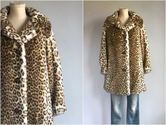 Vintage 60s Leopard Faux Fur Coat / 1960s Animal P