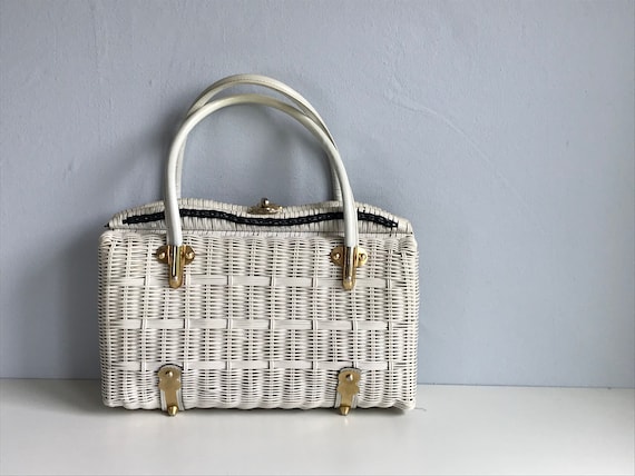 Vintage Wicker Handbag / 1960s Large White Woven B