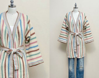 Vintage 70s Renee Tener Outlander Wool Sweater, 1970s Cream Pastel Stripe Cardigan Duster