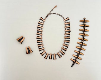 Vintage 50s Renoir Copper Jewelry Set, 1950s Signed Mod Metal Link Choker Necklace Bracelet Earrings, Demi Parure, Gift for Women