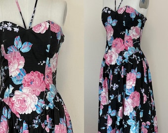 Vintage 80s Willow Ridge Cotton Sundress, Black Ground Floral Print Midi Skirt Strapless Halter Dress, Summer Dress