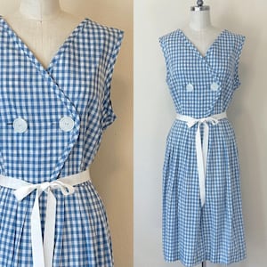 Vintage 50s Gingham Dress, 1950s Princess Peggy Blue White Surplice Wrap Sundress, Spring Fashion, Housedress