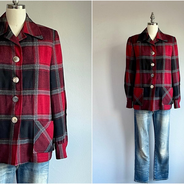 Vintage 40s Pendleton 49er Jacket / 1940s Wool Plaid Car Coat / Red Black Grey Tartan Plaid