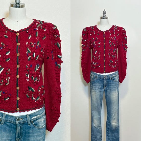 Vintage 80s Embroidered Wool Cardigan, 1980s Carroll Reed Cranberry Red Hand Knit Rib Popcorn Sweater with Floral Embroidery, Holiday Gift