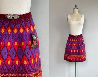 Vintage 60s Deadstock Norsk Knit Nordic Sweater Skirt, 1960s Norwegian Hand Knit Wool Fair Isle Pink Purple Mini, Lillunn Apres Ski