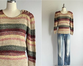 Vintage 70s Striped Sweater / 1970s Nubby Cotton Blend Pullover Sweater with Shoulder Buttons / Desert Colors