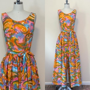 Vintage 60s Jumpsuit, 1960s Psychedelic Wide Leg Palazzo Romper, Vintage Beach Pajamas, Spring Beach Fashion, Hostess