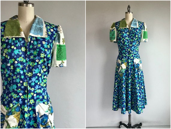 Vintage 40s Upcycled Dress / 1940s Blue Green Cott