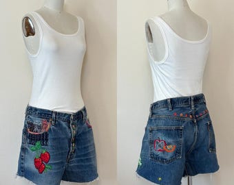 Vintage Levis 501 Button Fly Jean Shorts, Upcycled Strawberry Fruit Hand Embroidered Distressed Well Worn Denim Cut Offs, Boro Embroidery