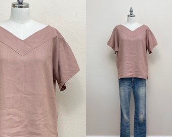 Vintage 80 Linen Top, 1980s Dusty Pink Clay Linen Cap Sleeve Tee, Spring Fashion