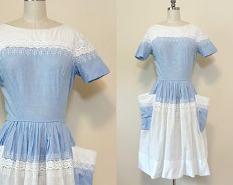 Vintage 1950s Gingam Embroidered Dress, 50s Arkay Blue White Check Cotton Day Dress with Eyelet Embroidery, Summer Dress