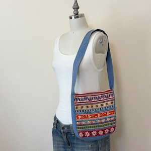 Vintage 70s Patchwork Hand Embroidered Bag, Floral Braid Chambray Hippie Bag