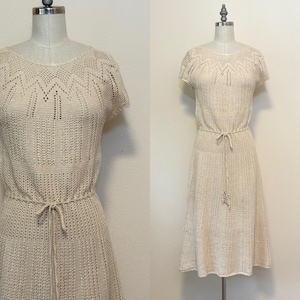 Vintage 70s Crochet Lace Dress, 1970s Cream Hand Crochet Drawstring Dress, Summer Dress