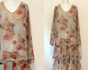 Vintage 20s Silk Dress,  1920s Sheer Silk Floral Satin Stripe Flapper Dress, Tiered Skirt, Rose Print Dress, Spring Fashion