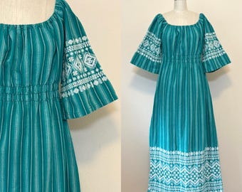 Vintage 70s Guatemala Textile Dress, Hand Woven Embroidered Boho Maxi Dress with Elastic Smocking, Off the Shoulder Dress Lounge Nap Dress