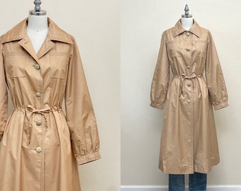 Vintage 70s Pierre Cardin Trench Coat, 1970s Khaki Tan Rain Coat with Drawstring Waist, Designer Vintage