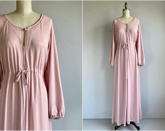 Vintage 1970s David Brown Caftan /  70s Pink Jersey Crepe Knit House Lounge Dress / Vintage Maxi Dress