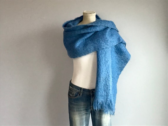 Vintage Mohair Scarf / Oversized Hand Woven Sky B
