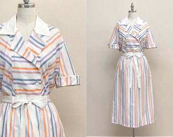 Vintage 80s Two Piece Dress, 80s Pastel Stripe Short Blouse and Skirt Set, Spring Fashion