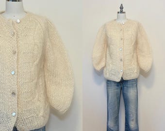 Cárdigan de mohair vintage de los años 60, suéter de lana color crema tejido a mano de los años 60, suéter de ochos