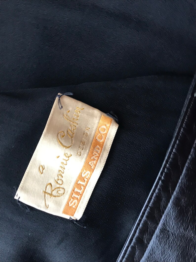 Vintage 60s Bonnie Cashin Coat 1960s Mod Black Leather Trench Jacket with Brass Toggle Clasp