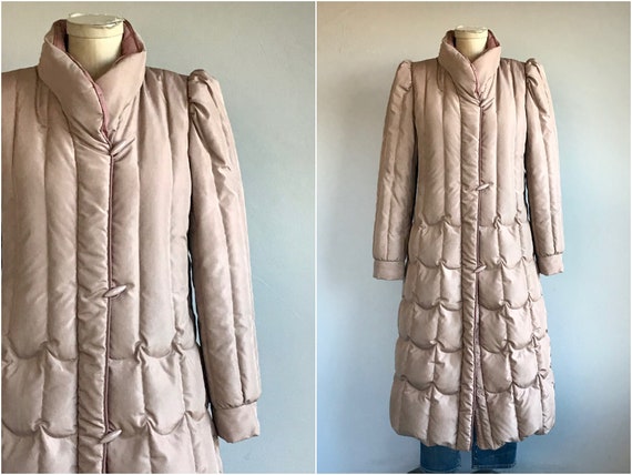 Vintage 80s Down Coat / 1980s Mauve Pink Quilted L