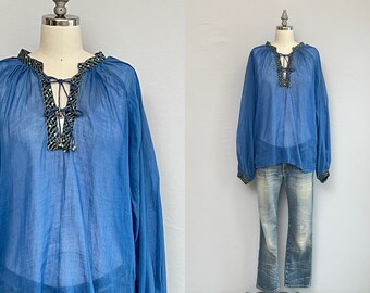 Vintage 70s Peasant Blouse, 1970s Sheer Blue Cotton Voile India Shirt Top with Gold Embroidery