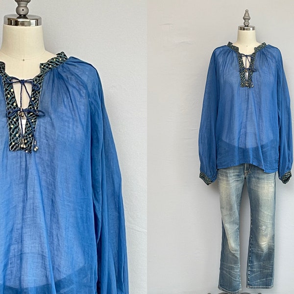 Vintage 70s Peasant Blouse, 1970s Sheer Blue Cotton Voile India Shirt Top with Gold Embroidery