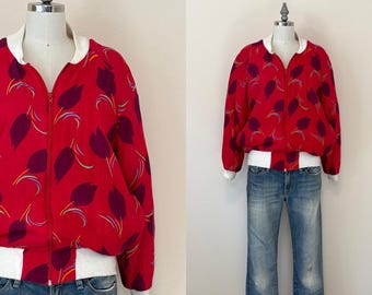 Vintage 70s Printed Windbreaker, Jon Adam Red Tulip Print Cropped Rayon Bomber Jacket