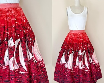 Vintage 1950s Novelty Print Skirt, 1950s Aldens Red Sailboat Print Skirt, Pleated Circle Skirt