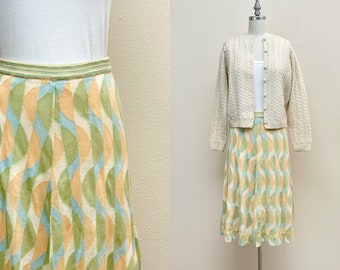 Vintage 70s AlSim Patterned Jersey Skirt, 1970s Light Weight ALine Sweater Knit Skirt, Spring Fashion Sherbet Colors