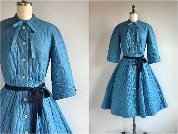 Vintage 60s Lanz Quilted Dress / 1960s Blue Cotton