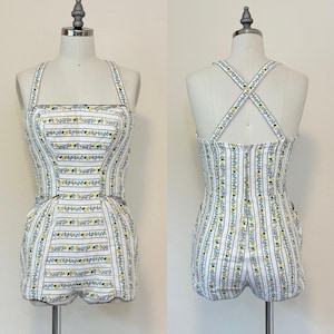 Vintage 1950s Swimsuit, 50s Catalina Floral Stripe One Piece Bathing Suit Play Suit, White Cotton Beach Wear