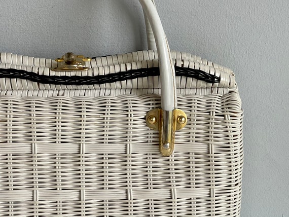 Vintage Wicker Handbag / 1960s Large White Woven … - image 3