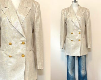 Vintage 90s Escada Gold Metallic Blazer, Linen Cotton Fitted Double Breasted  Jacket, Light Weight Summer Designer Jacket