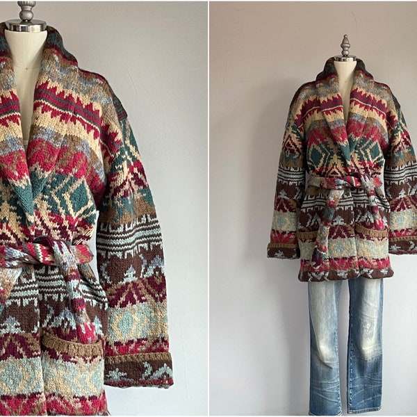 Vintage 80s Ralph Lauren Sweater / 1980s Hand Knit Blanket Striped Shawl Collar Cardigan with Belt / Designer Vintage Wool Jacket
