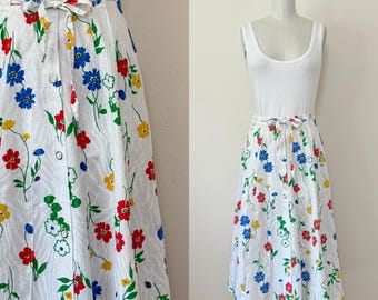 Vintage 70s Button Front Skirt, 1970s Floral Print Skirt with Drawstring Waist, Primary Floral, Summer Fashion, Summer Skirt